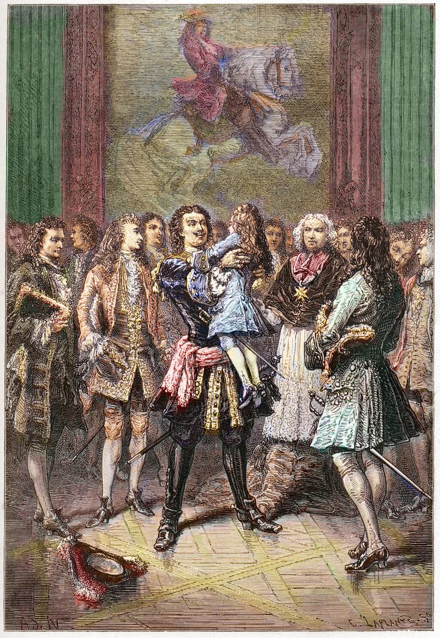 Den russiske tsaren Peter I den store (1672-1725) holdt kong Ludvig XV i armene i Versailles i 1717 - PETER I (1672-1725) tsar av Russland av French School