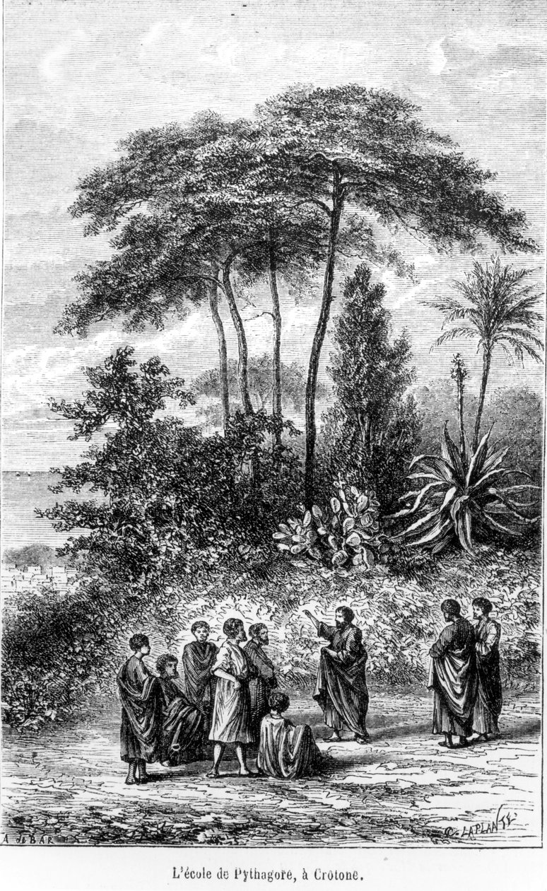 The School of Pythagoras (ca. 580-500 f.Kr.) fra Le Monde Illustre, 1865 av French School