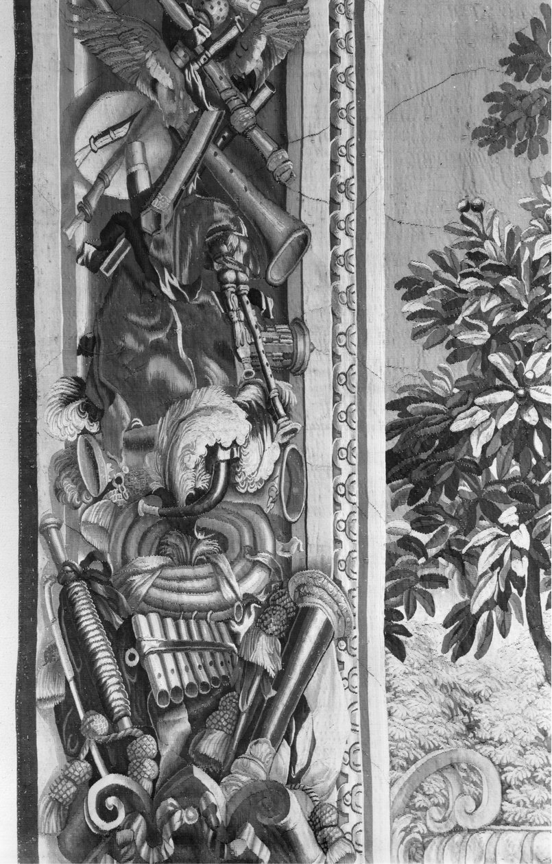The Seasons billedvev, border, musikkinstrumenter, ca. 1670, Gobelins Factory (detalj) av French School