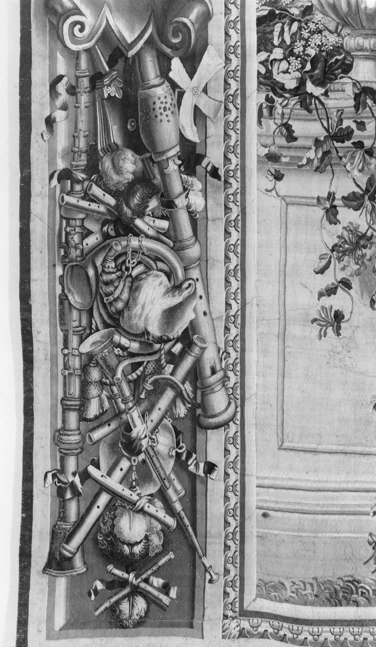 The Seasons billedvev, border, musikkinstrumenter, ca. 1670, Gobelins Factory (detalj) av French School