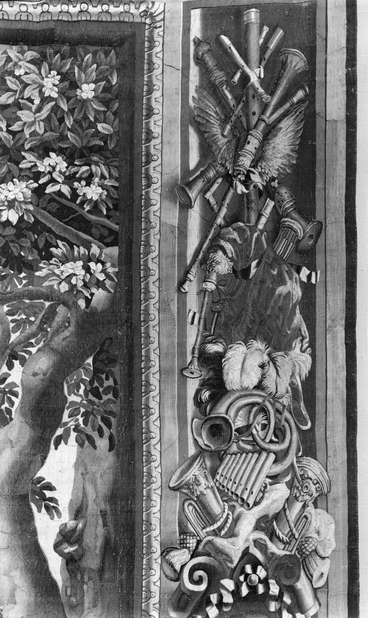The Seasons billedvev, border, musikkinstrumenter, ca. 1670, Gobelins Factory (detalj) av French School