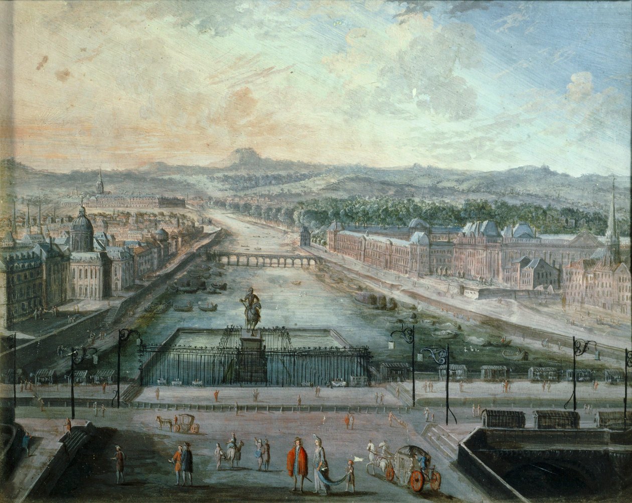 Seinen sett fra Place Dauphine … (maleri på lerret) av French School