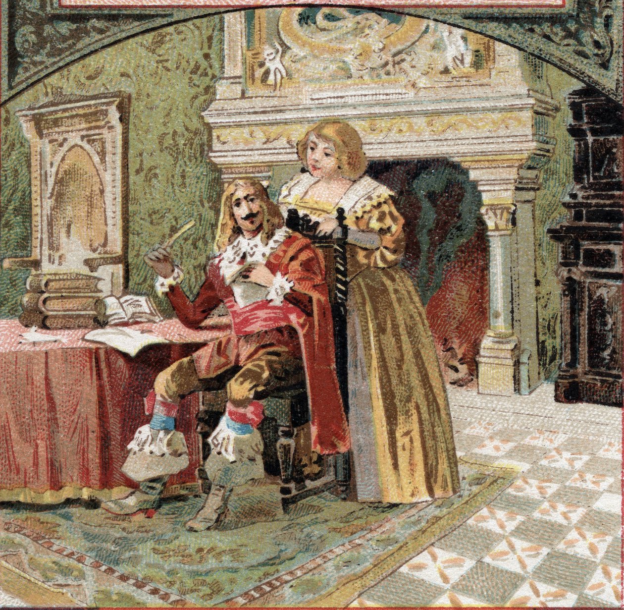 Sire of Beringhen og Madame du Fargis planla mot Richelieu (Armand Jean du Plessis, kardinal av Richelieu (1585-1642), minister for Louis XIII, ved Chateau of Azay-le-Rideau (Azay le Rideau) (Indre-et- Loire). Kromolitografi fra slutten av det 19 av French School