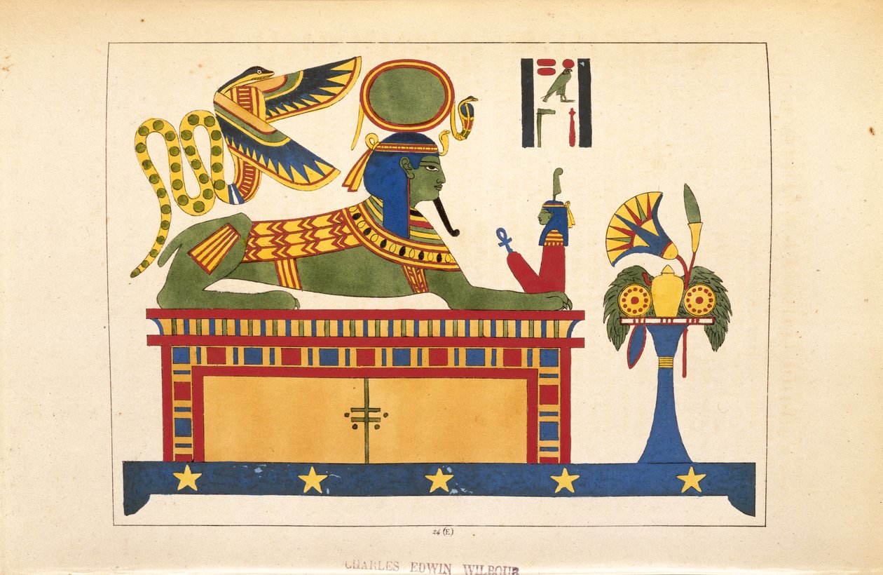 Sfinxen, illustrasjon fra Egyptian Pantheon: samling av mytologiske karakterer fra det gamle Egypt av Jean-Francois Champollion, utgitt ca. 1986 av French School