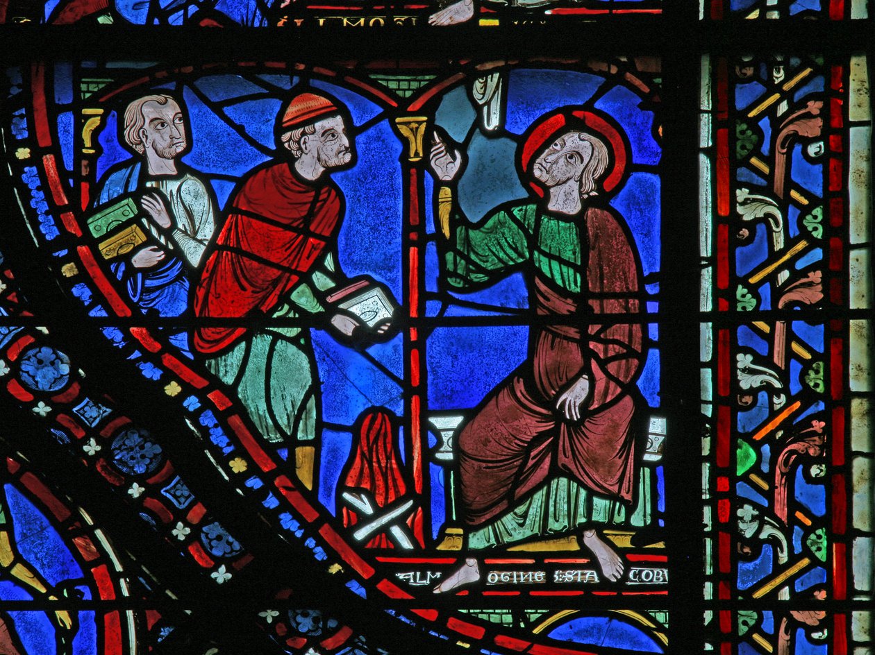 The St James Window: Almongenes (Hermogines) i ferd med å brenne bøkene sine (w5) av French School