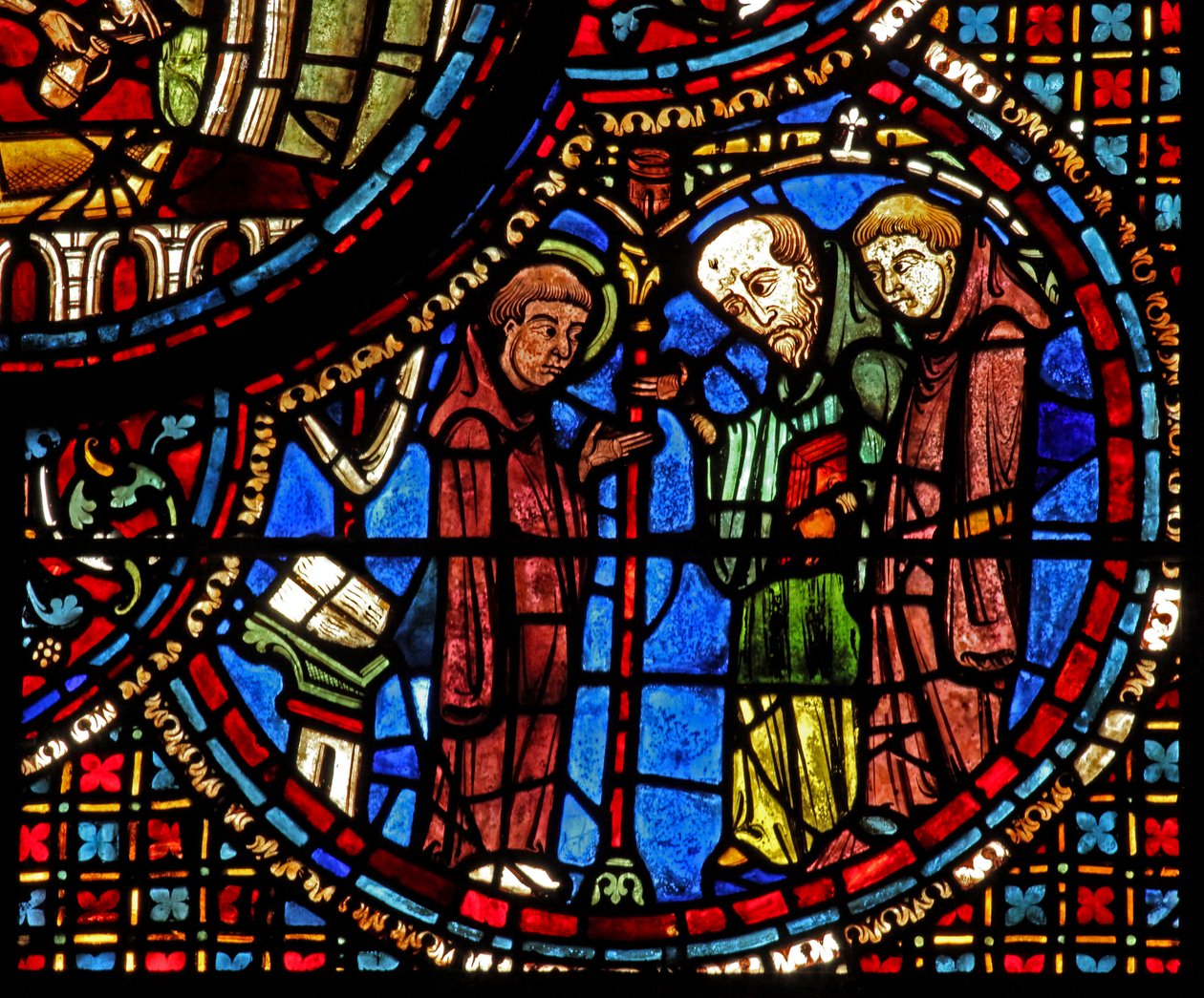 St Lubin-vinduet: meditasjonene hans blir avbrutt av to munker (w45) av French School