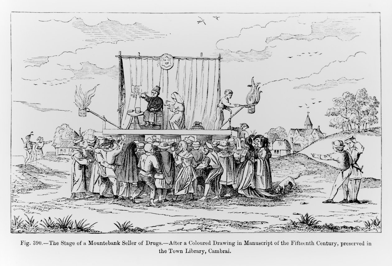 The Stage of a Mountebank Seller of Drugs, illustrasjon fra vitenskap og litteratur i middelalderen og renessansen, skrevet og gravert av Paul Lacroix, 1878 av French School
