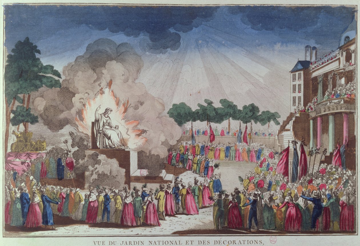Statuen av ateisme blir ødelagt og erstattet med visdomsstatuen ved festivalen for det høyeste vesen, Jardin National des Decorations, Paris, 8. juli 1794 av French School