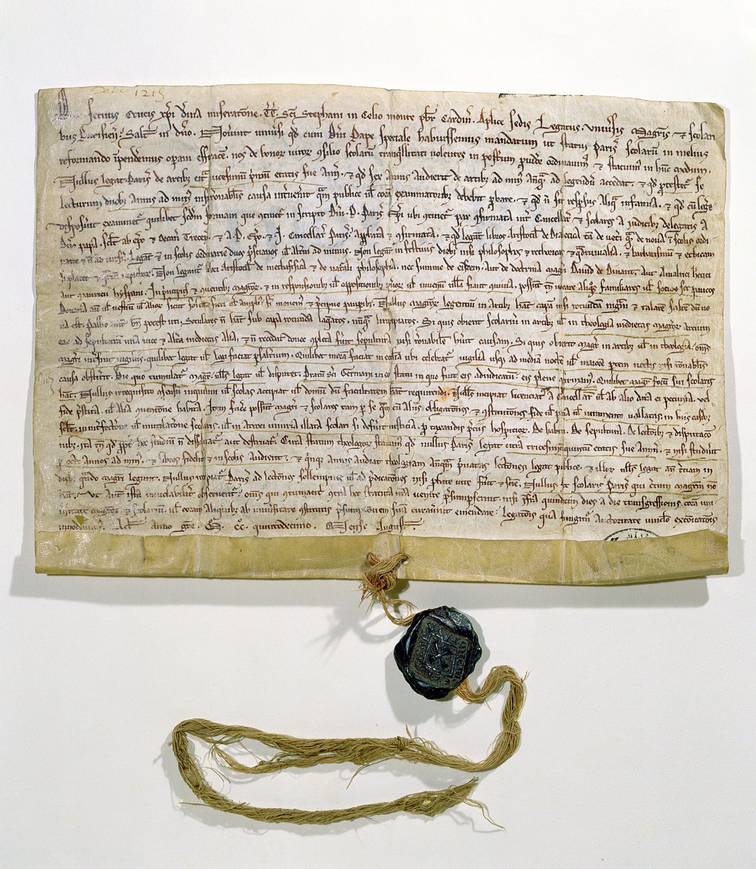 Statuttene for universitetet i Paris, produsert og gitt av kardinal Robert de Courson, pavelig legat, i august 1215 (vellum og voks) av French School