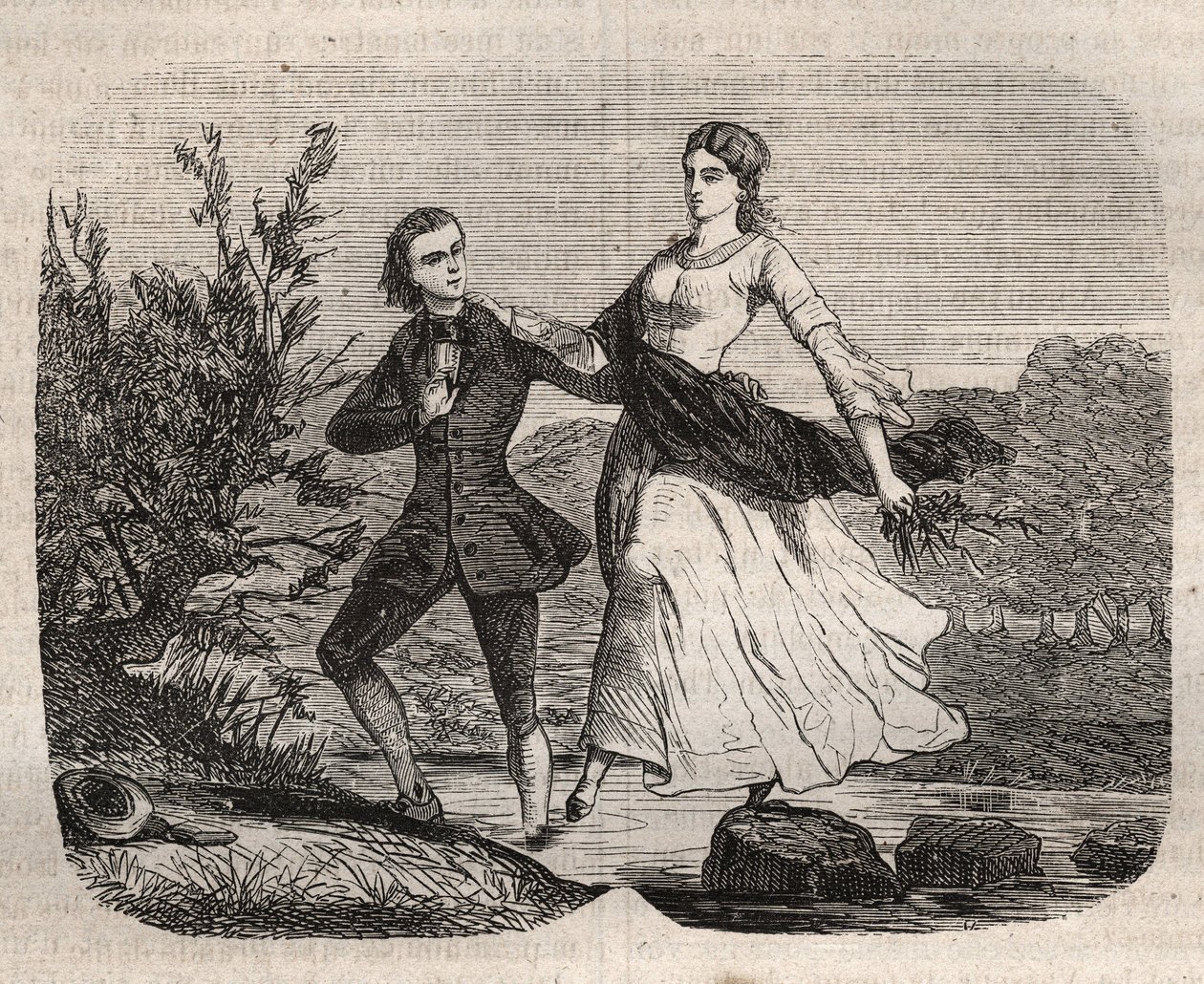 Den sveitsiske filosofen Jean Jacques (Jean-Jacques) Rousseau (1712-1778) hjalp Mademoiselle Galley med å krysse en bekk. Gravering fra 1871 i "Histoire Des Cocus Celebres" "av Henry de Kock (1819-1892). av French School