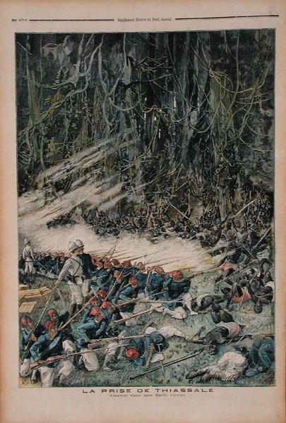 The Taking of Thiassale, the Battle in the Virgin Rain Forest, illustrasjon fra Le Petit Journal, 26. august 1893 av French School