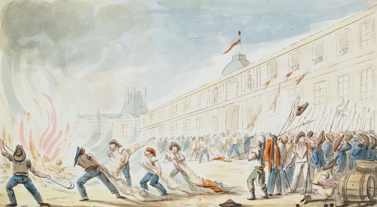 The Taking of the Tuileries, 10. august 1792 (fargegravering) av French School