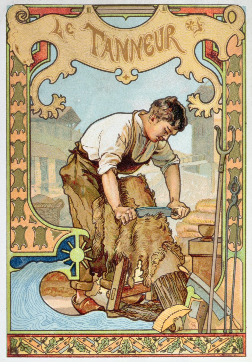 The Tanner, illustrasjon fra en bok om håndverk, ca. 1899 (farge litho) av French School