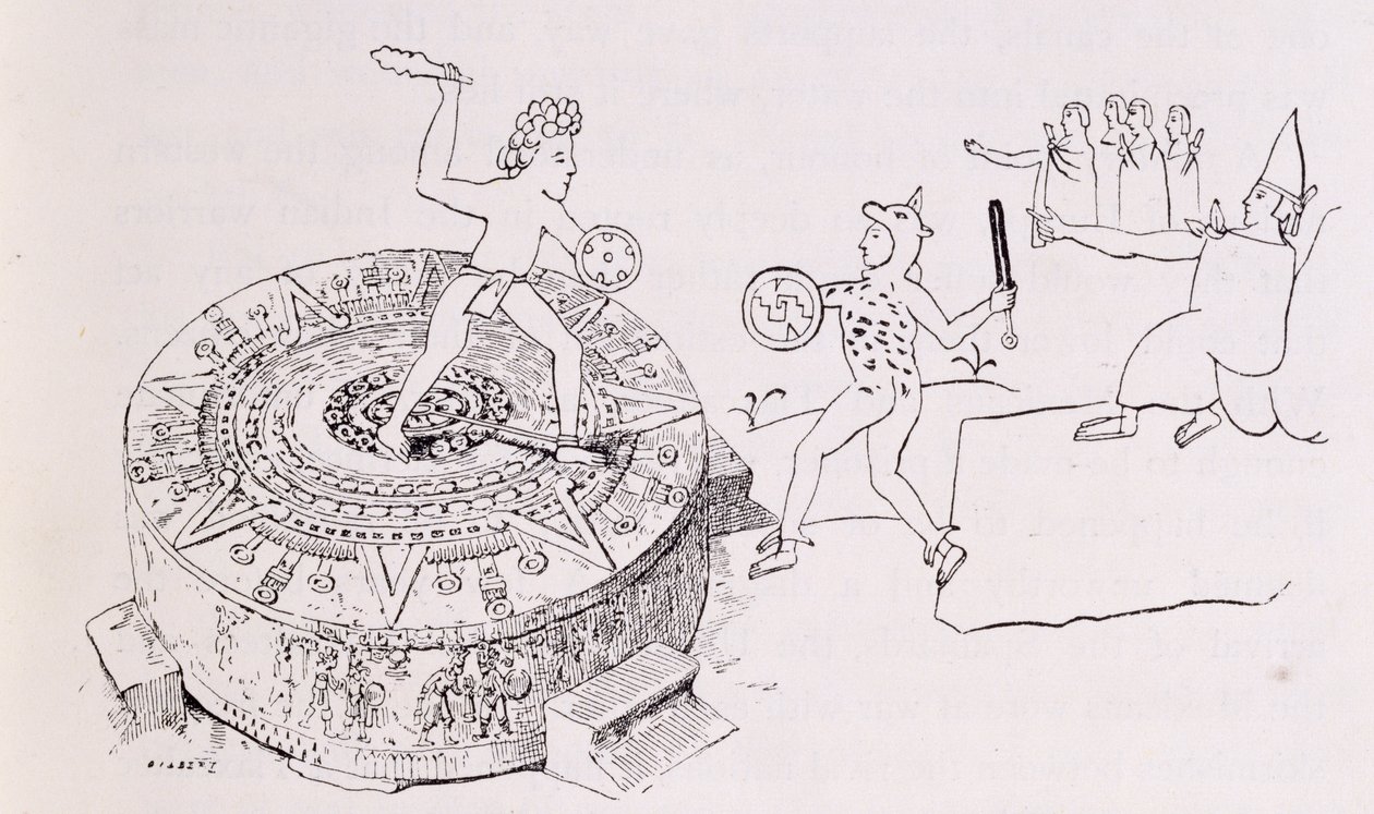 Temalacati, eller Gladiatorial Stone, fra Codex Ramirez, fra "The Ancient Cities of the New World", av Claude-Joseph-Desire Charney, pub. 1887 av French School