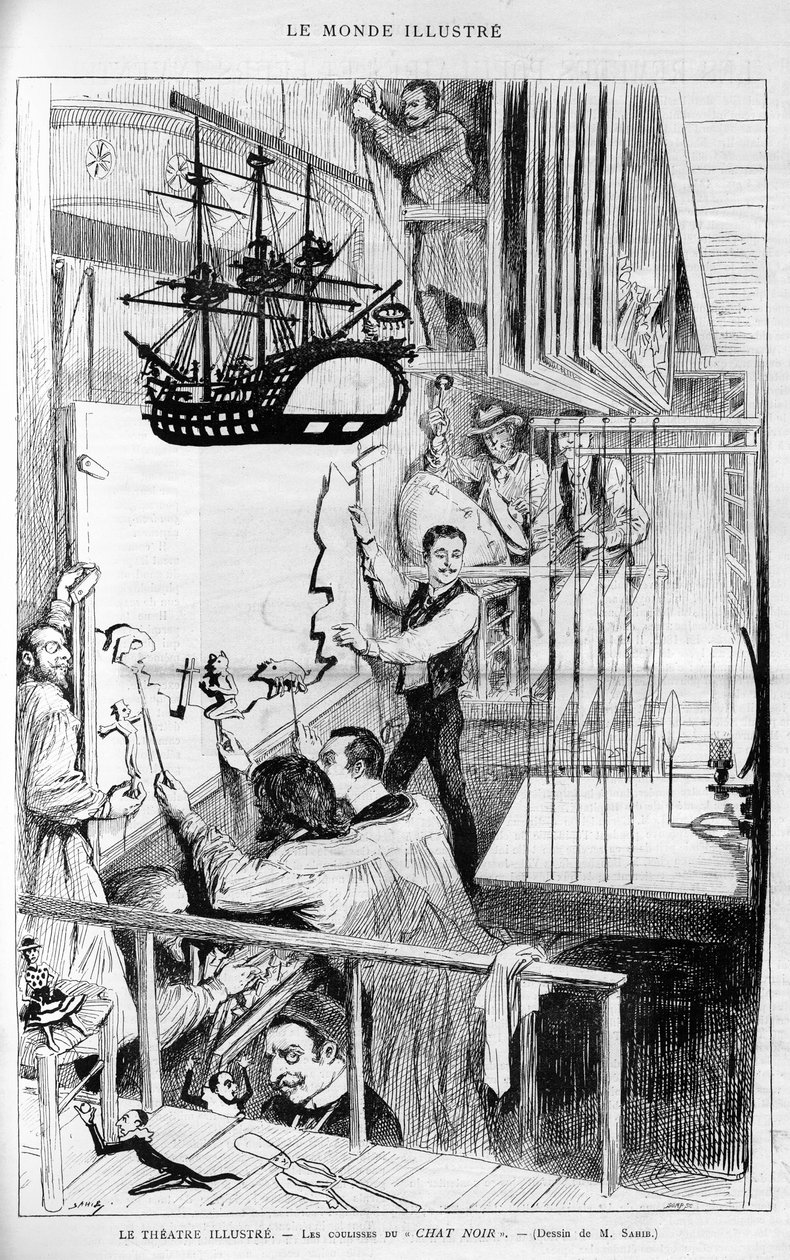 The Theatre illustrates: behind the scenes of the “Chat noir”. Engraving in “Le monde illustrious”, “” 1888. av French School