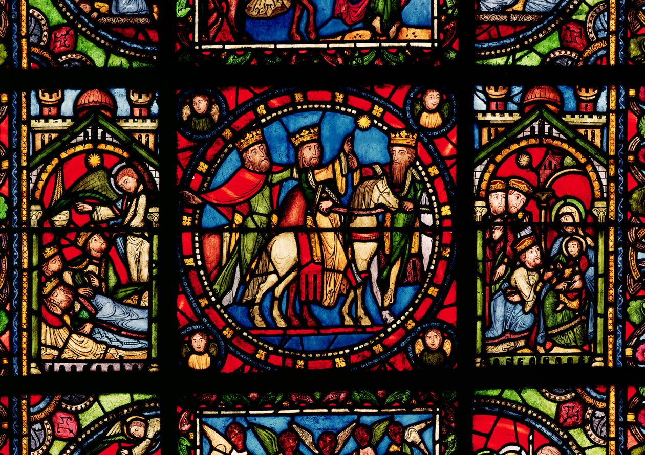 The Three Magi, detalj fra et vindu som viser historien om jomfruen av French School