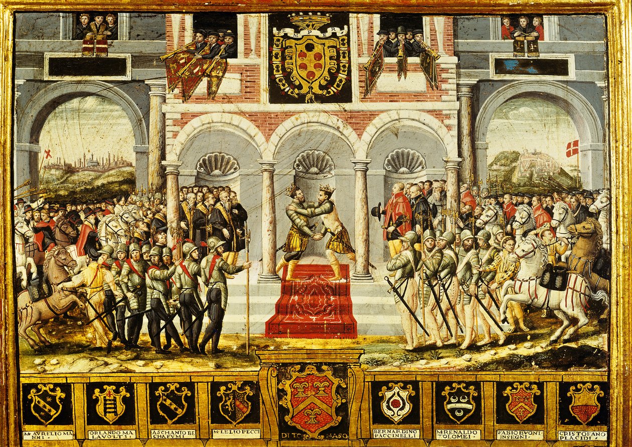 Cateau-Cambresis-traktaten og omfavnelsen av Henri II (1519-59) av Frankrike og Filip II (1527-98) av Spania, 2.-3. april 1559 av French School