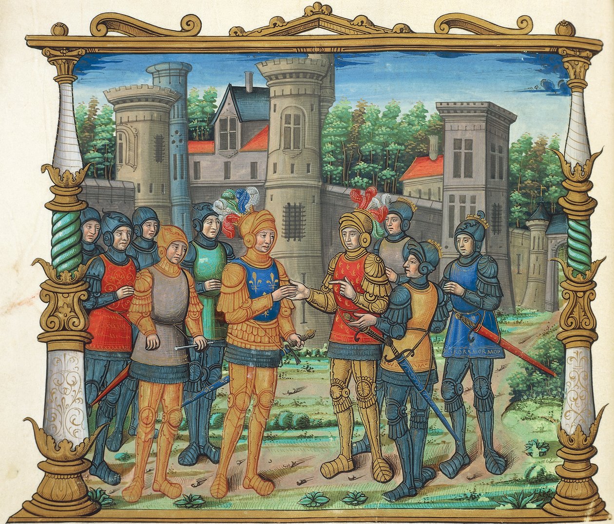 Conflans-traktaten (Conflans-freden) mellom Louis XI og hertugen av Burgund, miniatyr fra Memoires av Philippe de Commines, manuskriptfolio 32 verso, Frankrike 1500-tallet. av French School