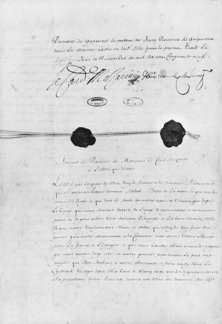 Pyreneene-traktaten, signert av kardinal Jules Mazarin (1602-61) og Don Luis Mendez de Haro (1598-1661) 7. november 1659 av French School