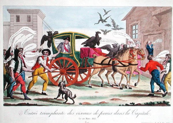 Rovfuglenes triumferende inntog i hovedstaden, karikatur av Napoleons (1769-1821) retur til Paris, 20. mars 1815 (farget gravering) av French School