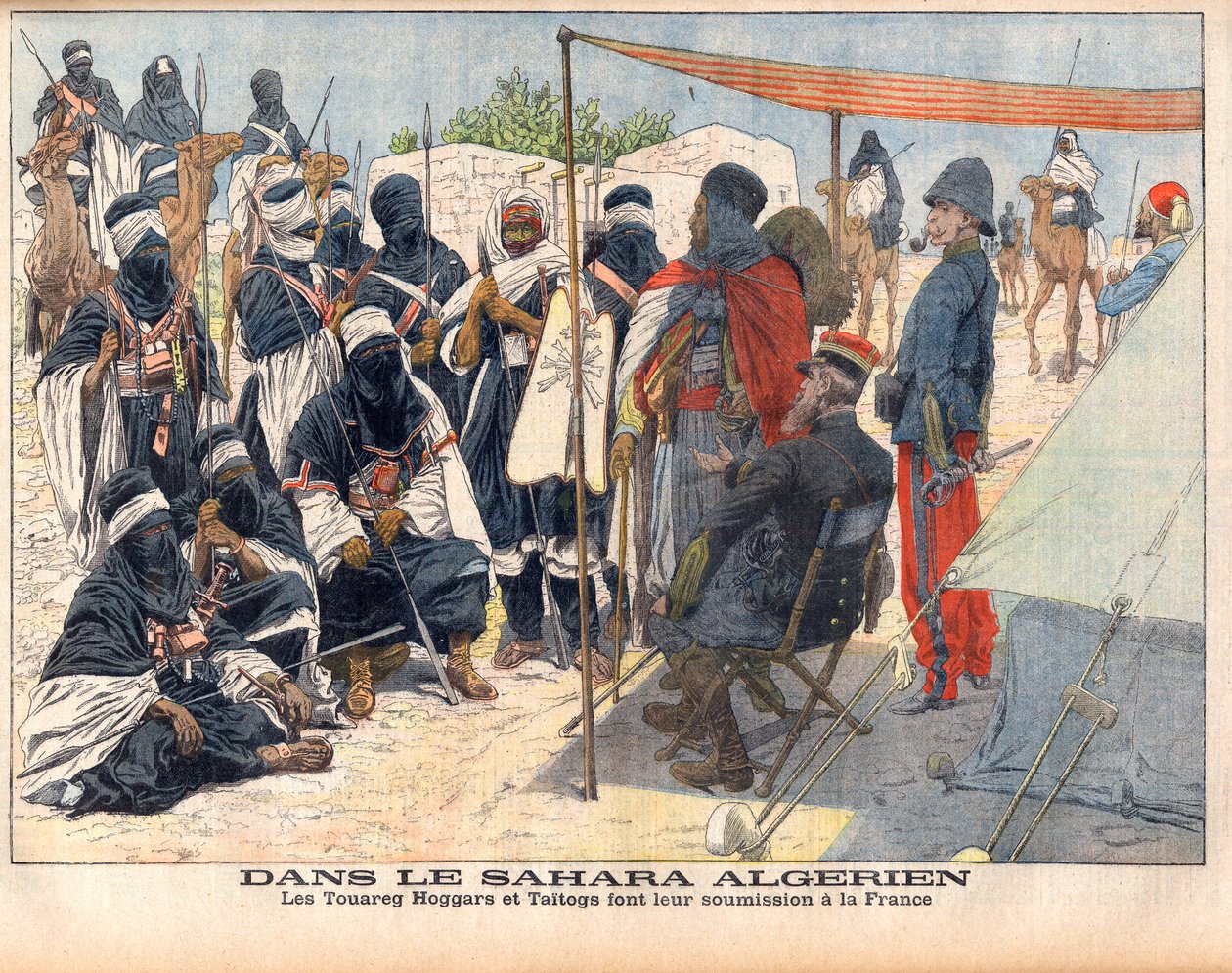 Tuaregs Hoggar og Taitogs underkaster seg engelsk styre i den algeriske Sahara. I det algeriske Sahara. Touareg Hoggars og Taitogs sender inn sitt bidrag til Frankrike. Illustrasjon for Le petit Journal, 26. november 1905. av French School
