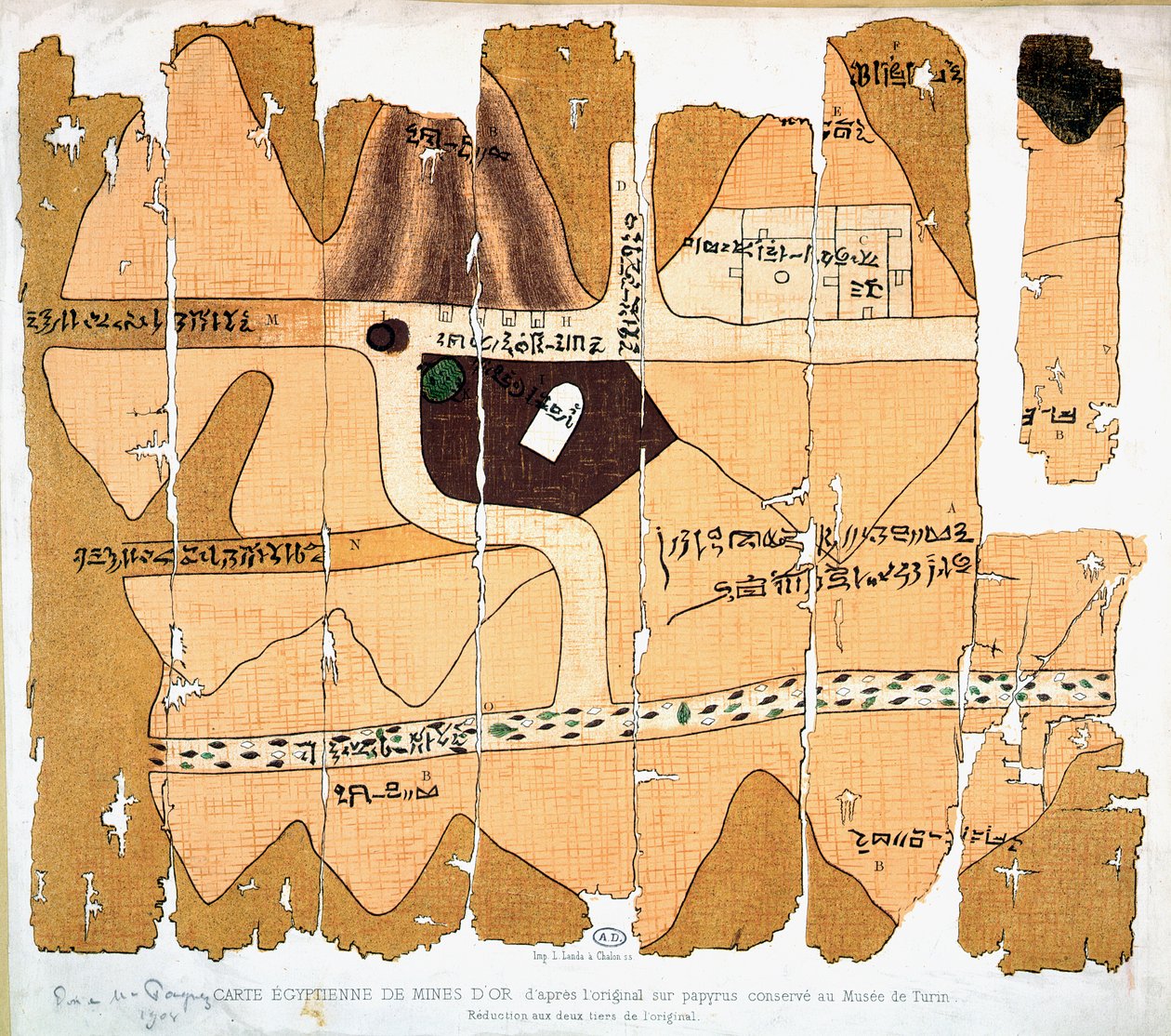 Torino-papyrusen, reproduksjon av et gammelt egyptisk kart over gullgruver basert på en original papyrus fra ca. 1300 f.Kr. bevart i Museo Egizio i Torino av French School