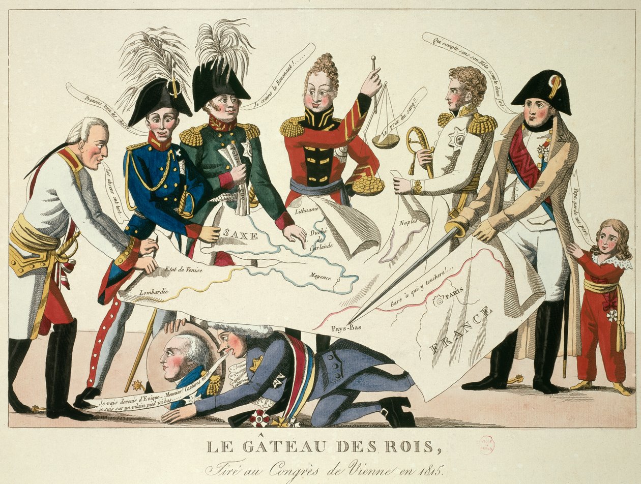 Wienerkongressen 22.06.1815: kongenes kake. Den gjenforente de åtte verdensmaktene og forsøkte å redefinere grensene etter fallet av imperiet til Napoleon I. Alexander I, tsar av Russland; H.R. Stewart, Castlereagh; Francois Joseph I, keiser av Au av French School