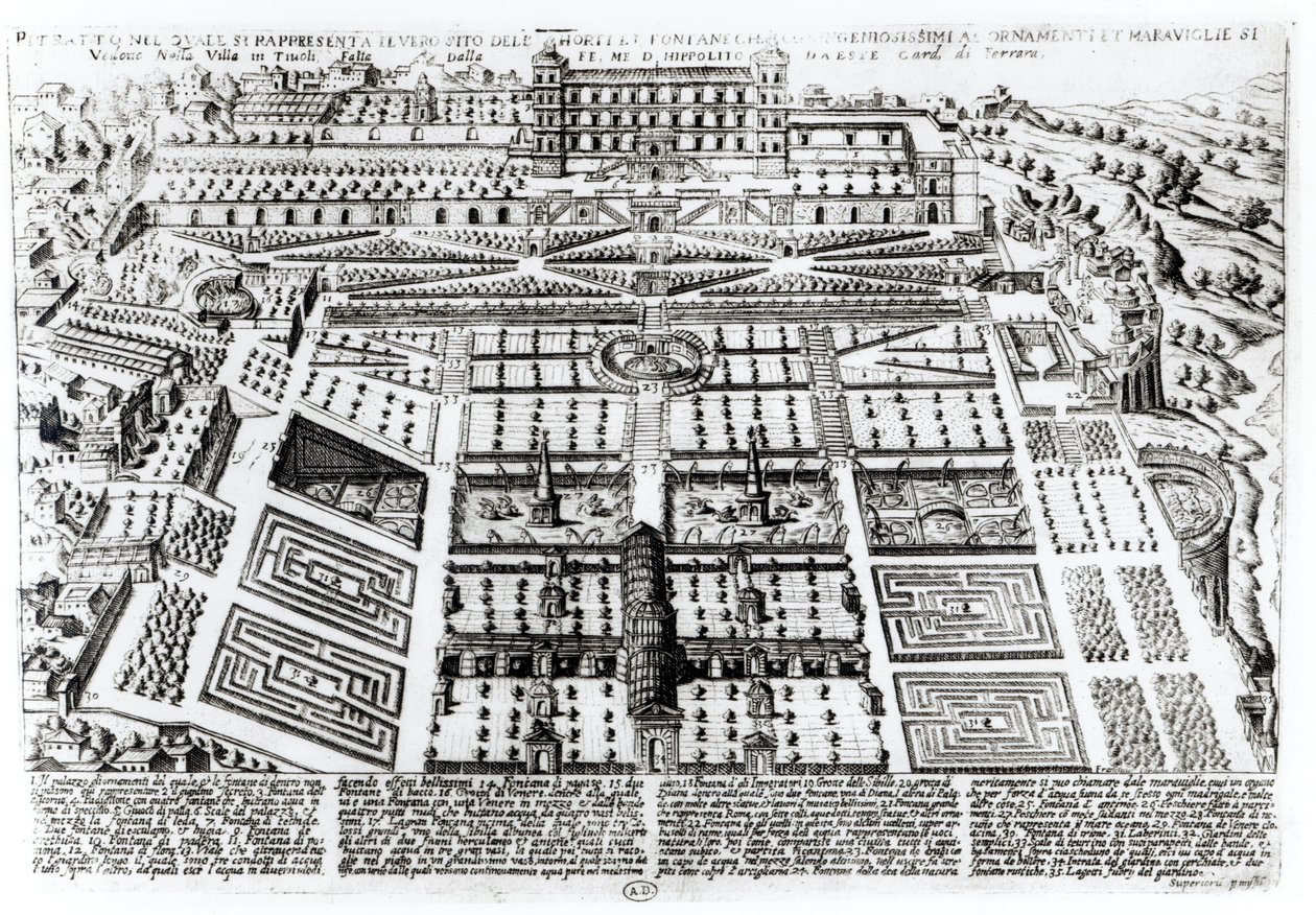 Villa dEste-palasset og hagene, Tivoli, Italia, ca. 1600 av French School