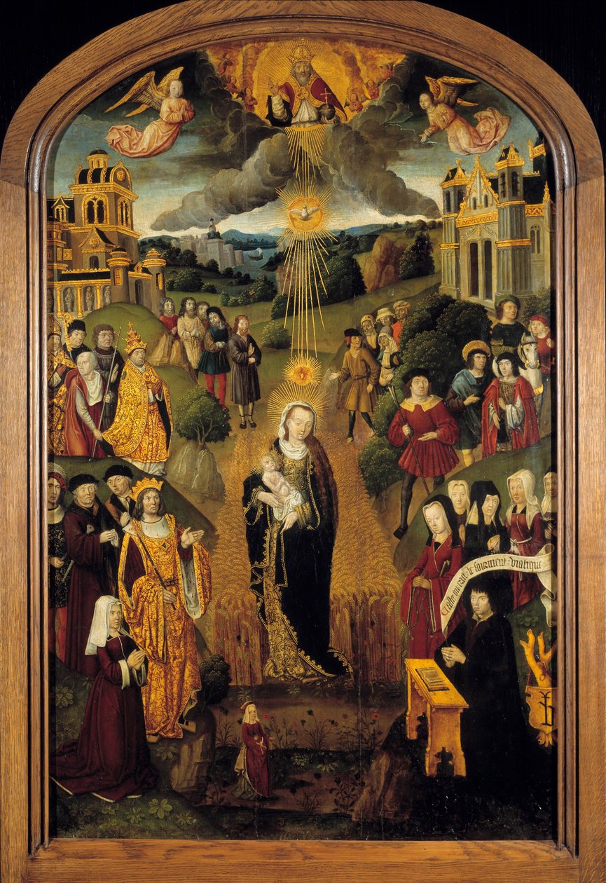Jomfruen med hvete Kong Ludvig XII (1462-1515) og pave Alexander VI (1431-1503) er til stede. Den allmektige Gud som holder kloden velsignet scenen mens Den Hellige Ånd beskyttet jomfruen og barnet. Maleri på tre fra den franske skolen på 1500-tallet av French School