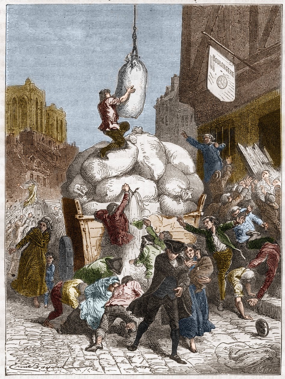 The War of Flours: Pillage of bakeries in Paris, around 1775 (first of the French Revolution) (engraving) av French School
