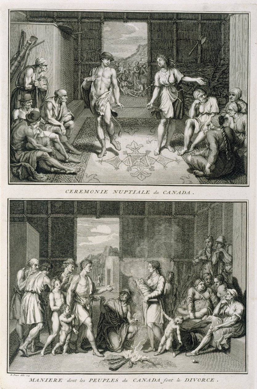 Bryllupsseremonien og skilsmissemåten i Canada, illustrasjon fra religiøse seremonier og skikker, gravert av Bernard Picart (1673-1733) 1723 av French School
