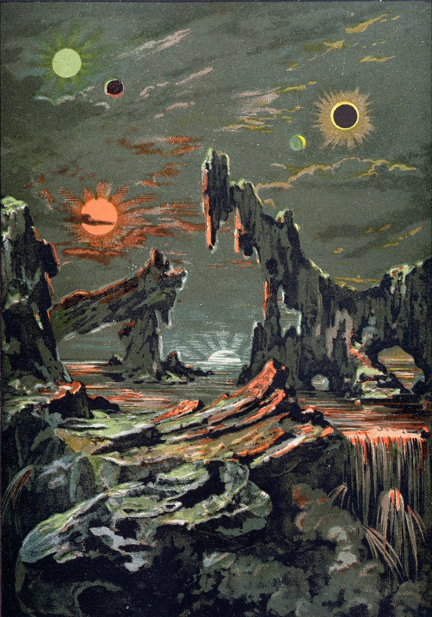 The World of Four Moons and Four Suns, illustrasjon fra LAstronomie Populaire skrevet av Camille Flammarion (1842-1925) 1881 av French School