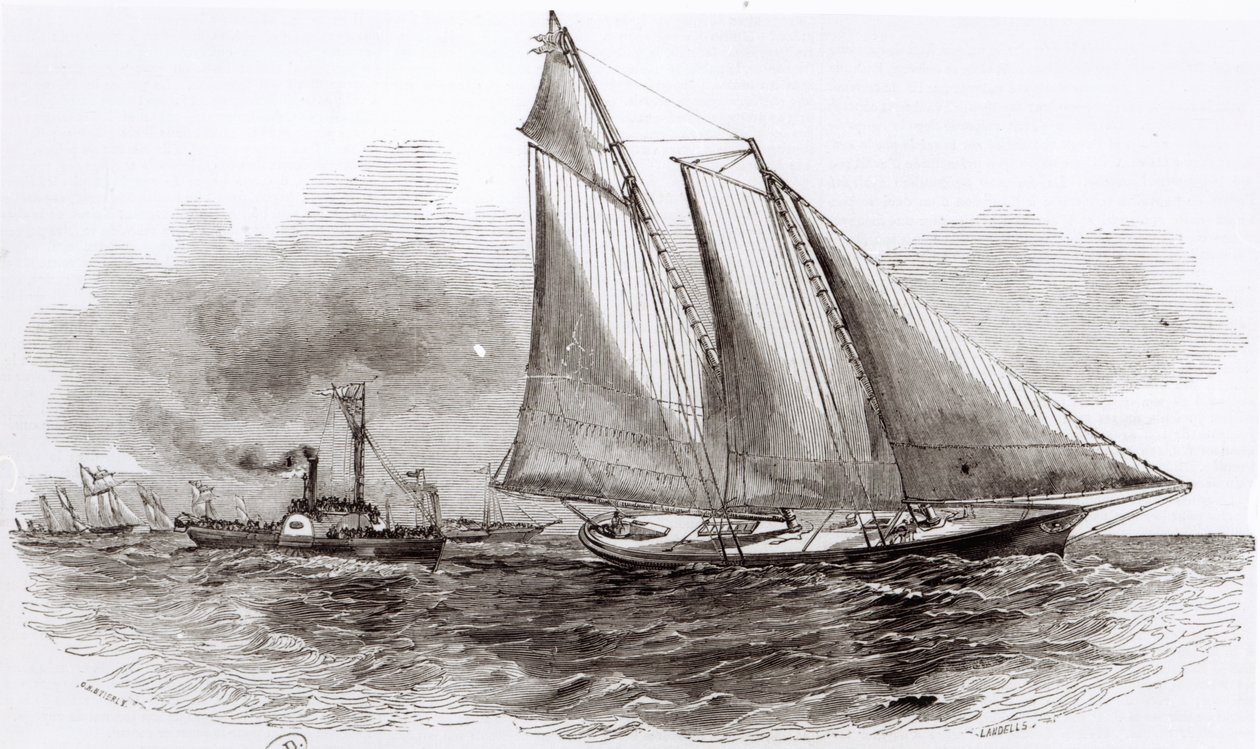 Yacht America tok ledelsen i 1851 Cowes Regatta, fra Le Monde Illustre, 1851 av French School