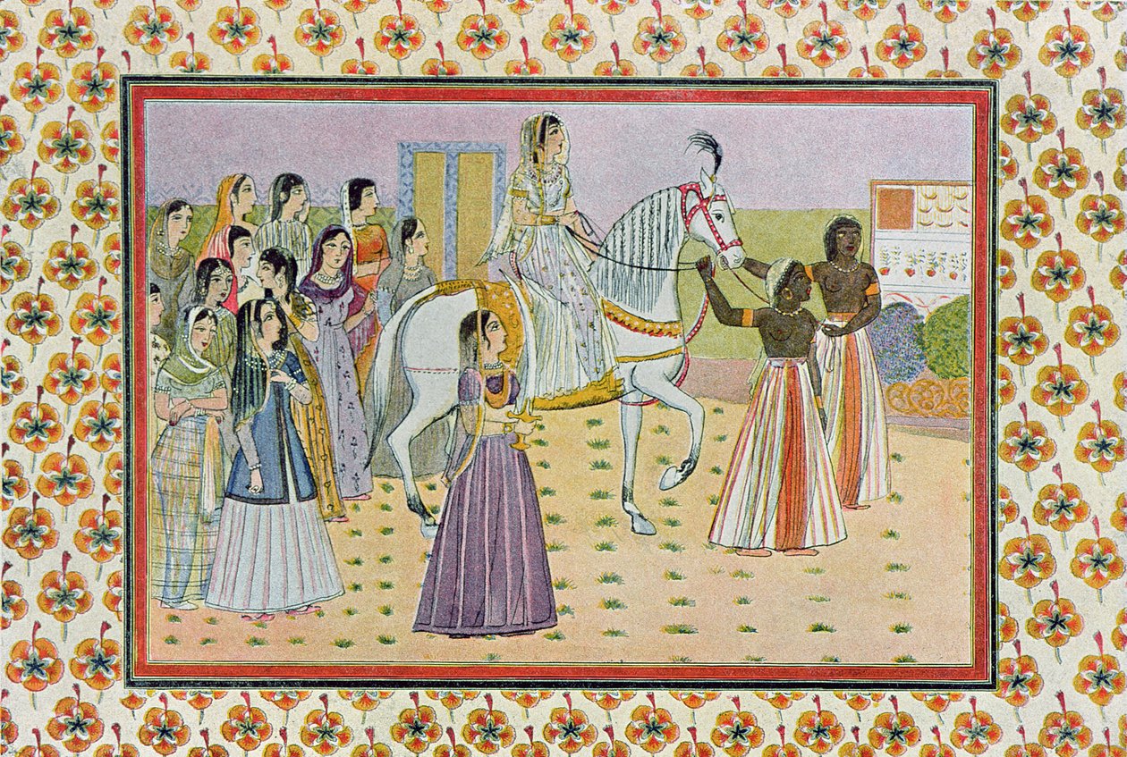 Den unge jenta med et månelignende ansikt som rir på en hvit hest, illustrasjon fra The Arabian Nights, 1895 (fargegravering) av French School