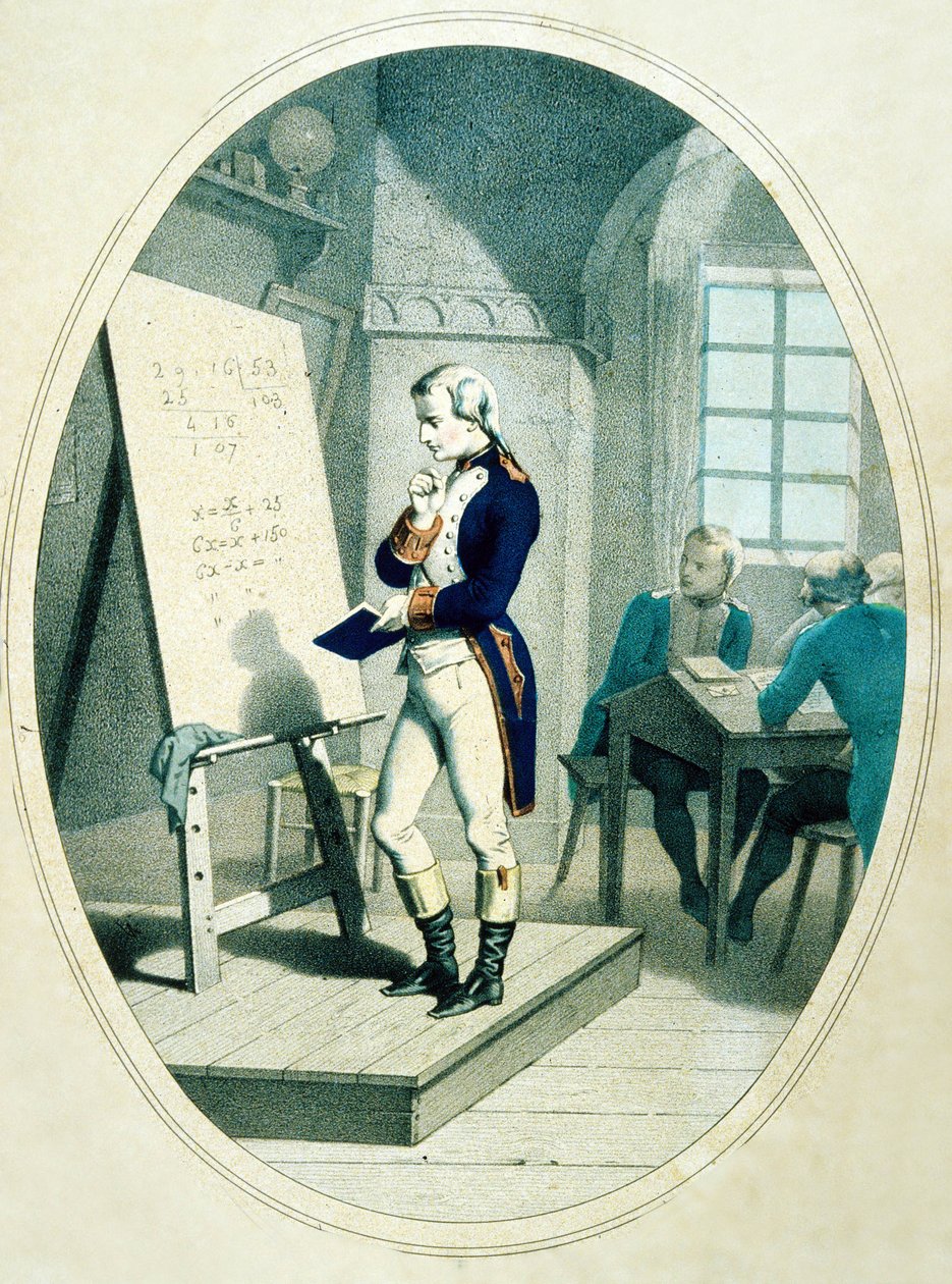 Den unge Napoleon, ved Militærakademiet i Brienne, Frankrike, 1779 (farget gravering) av French School