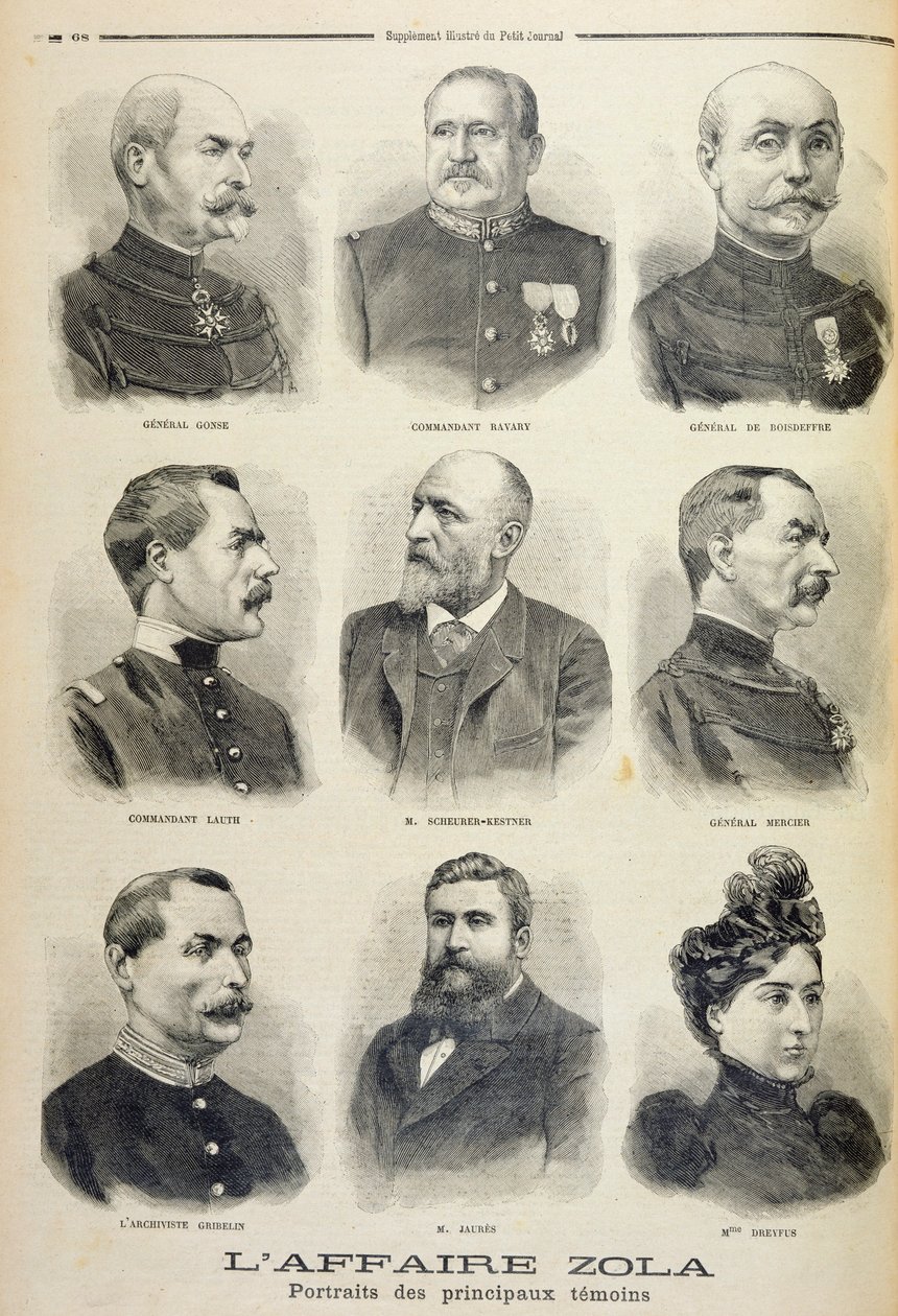 Zola-affæren: portretter av hovedvitnene, illustrasjon fra det illustrerte tillegget til Le Petit Journal, 27. februar 1898 (lito) av French School