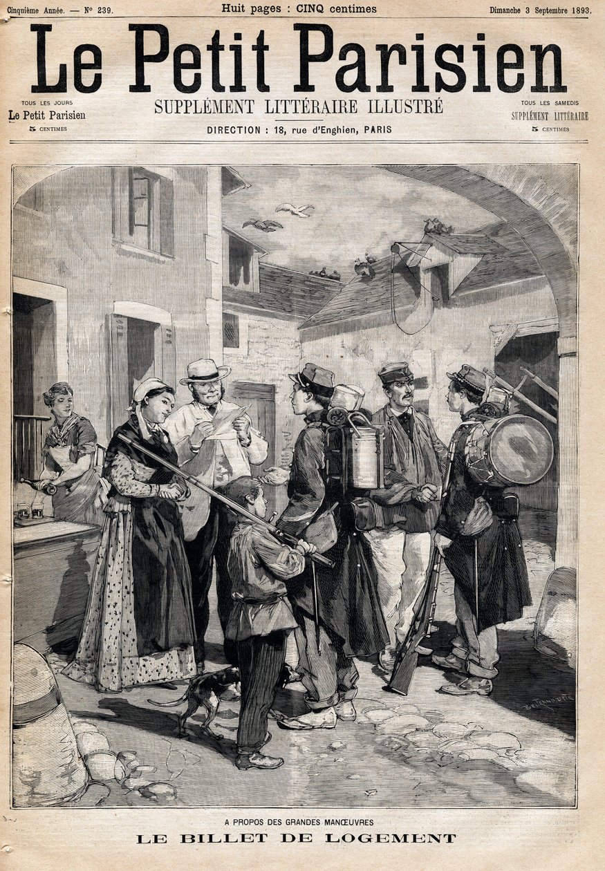 The accommodation ticket, which entitles a bed and a candle, distributes to the soldiers after their exercises and large manoeuvres. One of the newspaper " Le petit Parisien”” on 3/09/1893 (engraving) av French School