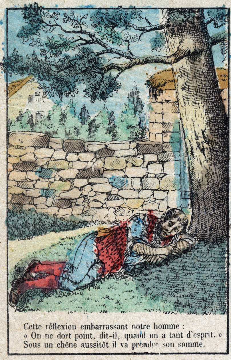Eikenøtten og gresskaret. Fabler av Jean de La Fontaine (1621-95). Avbildning av Epinal fra slutten av 1800-tallet. av French School