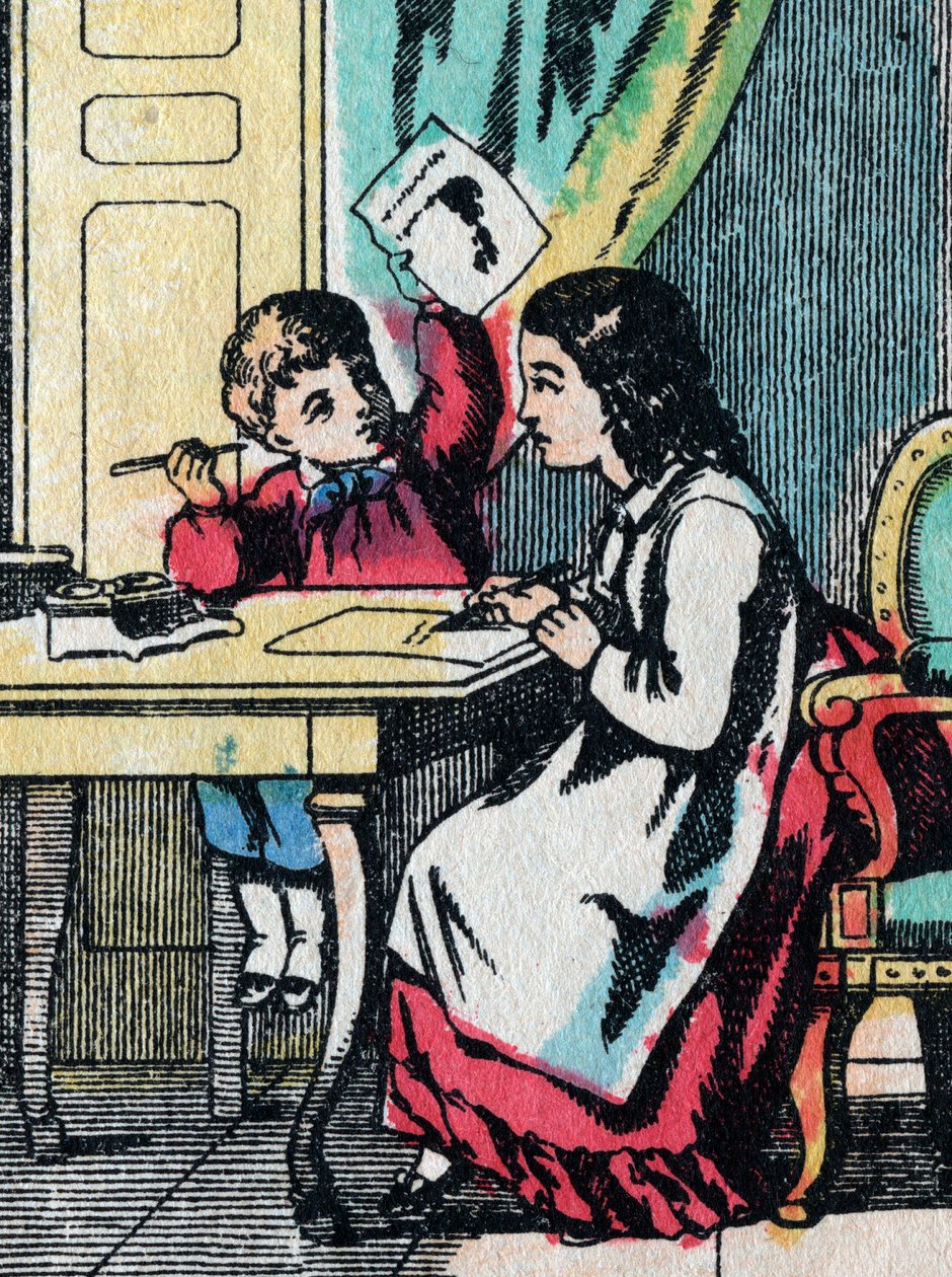 Aktivitetene for jenter fra gode familier: hjelpe en lillebror med leksene hans - Epinalt bilde - 1800-tallet (gravering) av French School