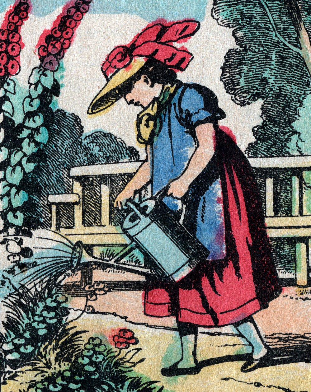 Aktivitetene for jenter fra gode familier: lære hagearbeid - Epinalt bilde - 1800-tallet (gravering) av French School