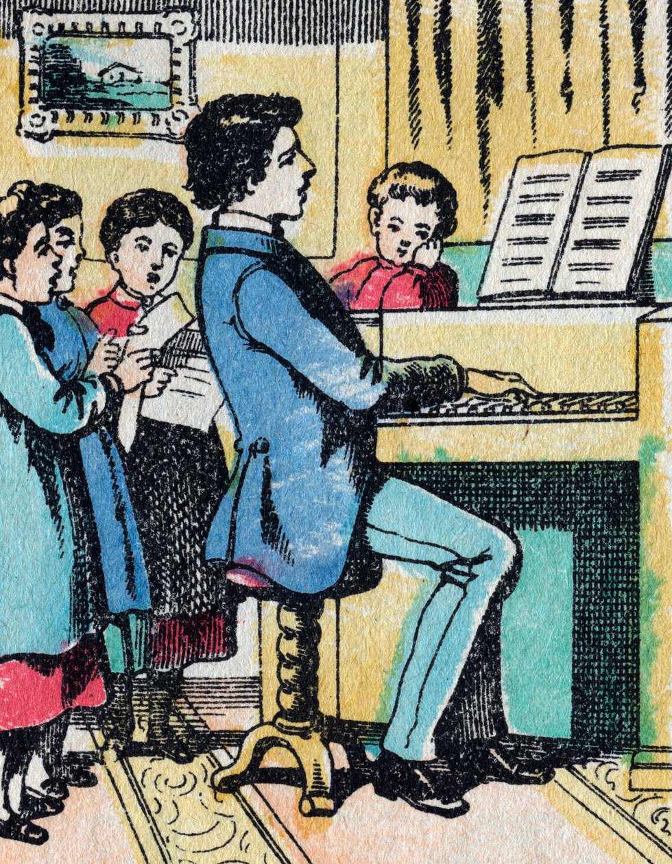 Aktivitetene for jenter fra gode familier: læring av musikk - Epinalt bilde - 1800-tallet (gravering) av French School