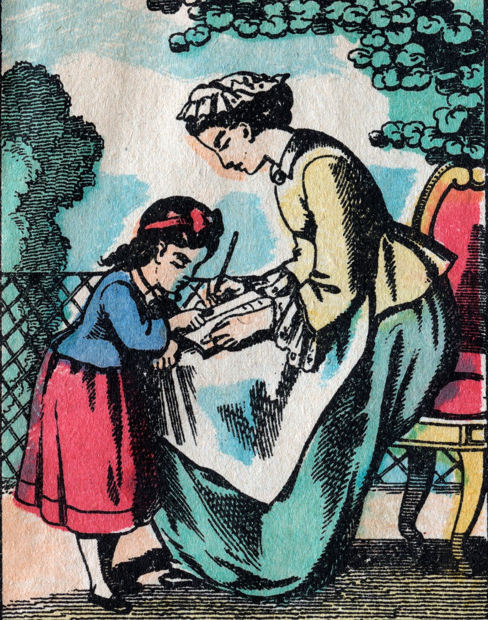 Aktivitetene for jenter fra gode familier: lesing - Epinalbilde - 1800-tallet (gravering) av French School