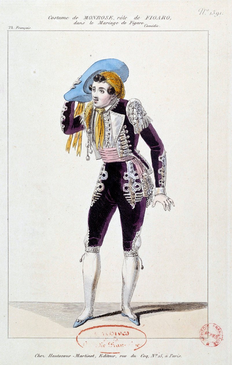 Skuespilleren Claude Louis Seraphin Barizain (eller Barisain) dit Monrose (1783-1843) i rollen som Figaro i Le mariage de Figaro"" av Pierre Augustin Caron de Beaumarchais (1732-1799) 1784 Paris, Comedie francaise av French School