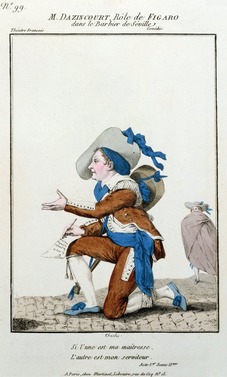 Skuespilleren Dazincourt ved Theatre Francais i rollen som Figaro i Barberen av Sevilla av Pierre Augustin Caron de Beaumarchais (1732-1799) av French School