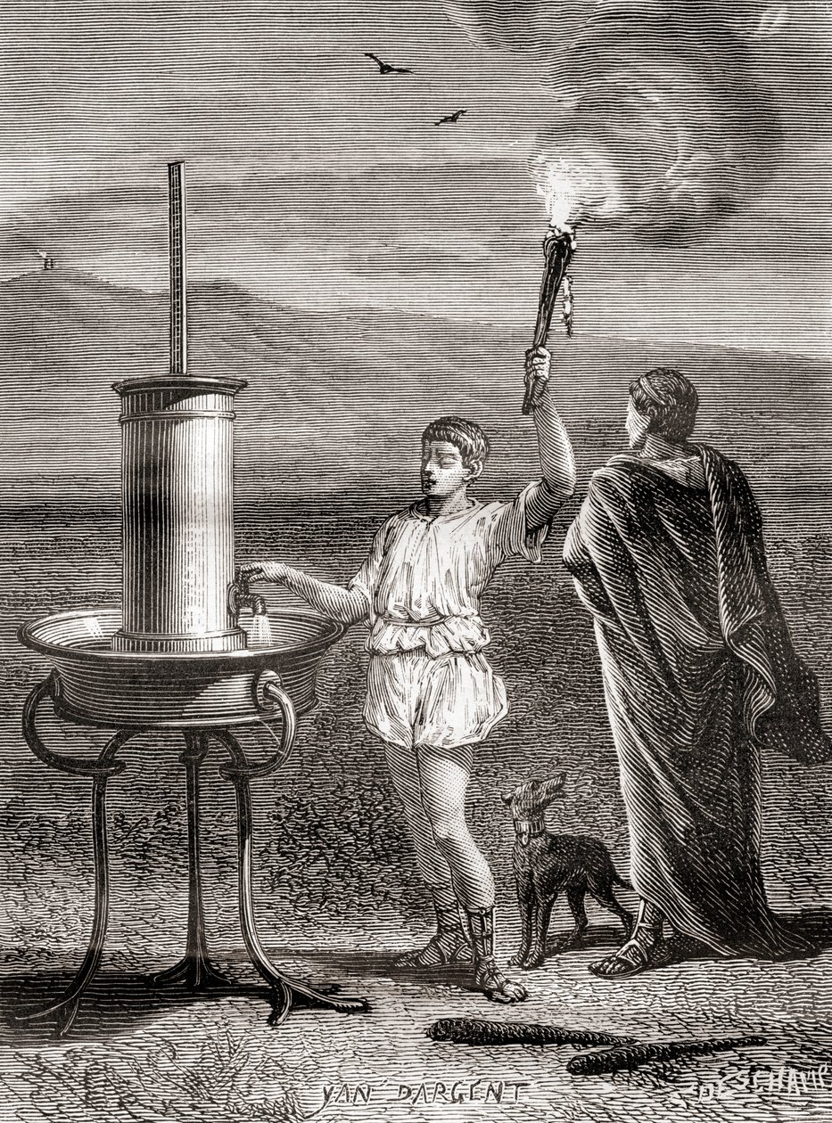 Det gamle greske hydrauliske semaforsystemet som ble brukt av Aeneas for å sende en melding, 4. århundre f.Kr., fra Les Merveilles de la Science, publisert ca. 1870 (gravering) av French School