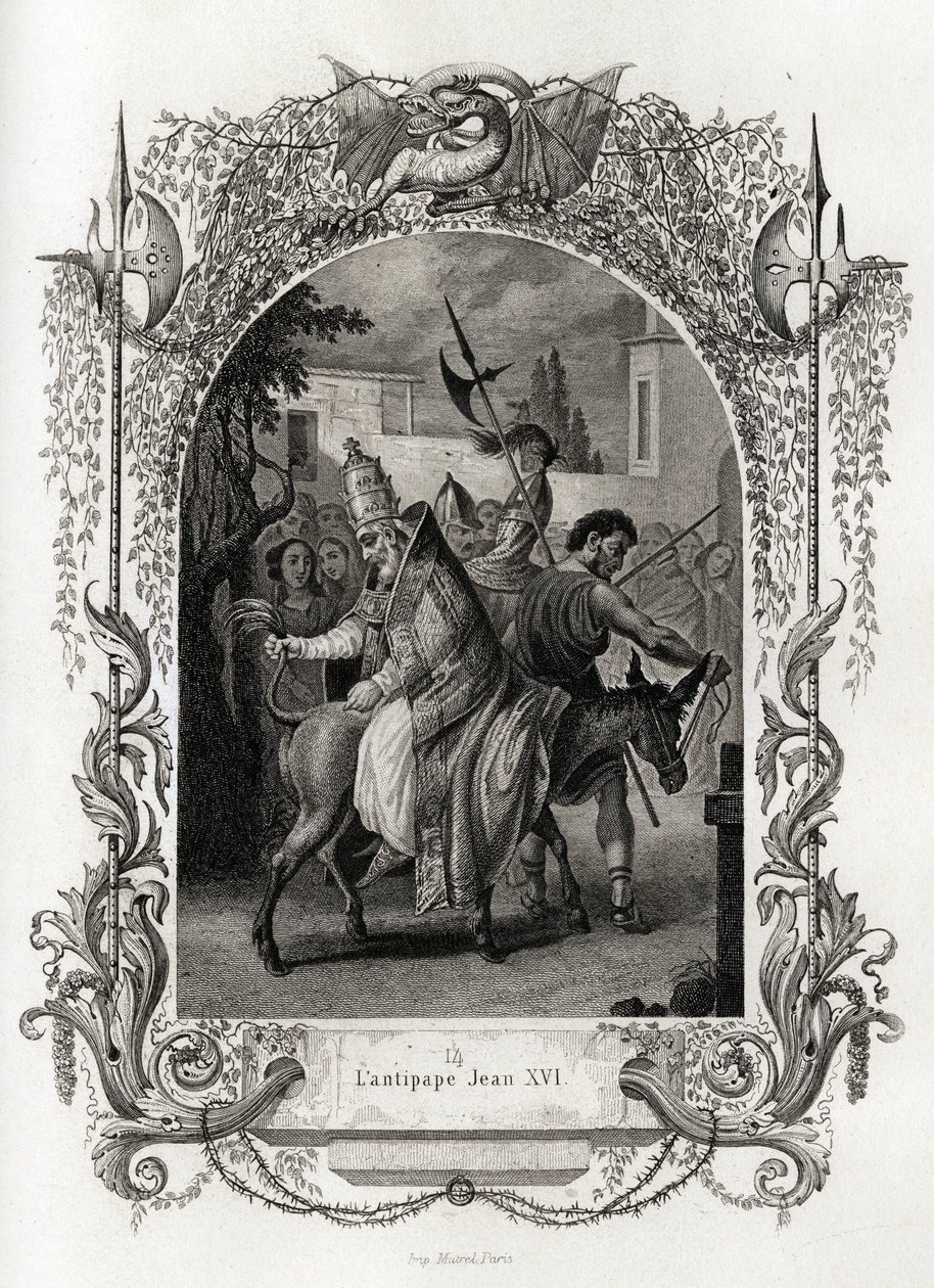 Motpaven Johannes XVI (997 til 998). Gravering for å illustrere Histoire des popes av Maurice Lachatre (1814-1900), Librairie du Progres, Paris. av French School