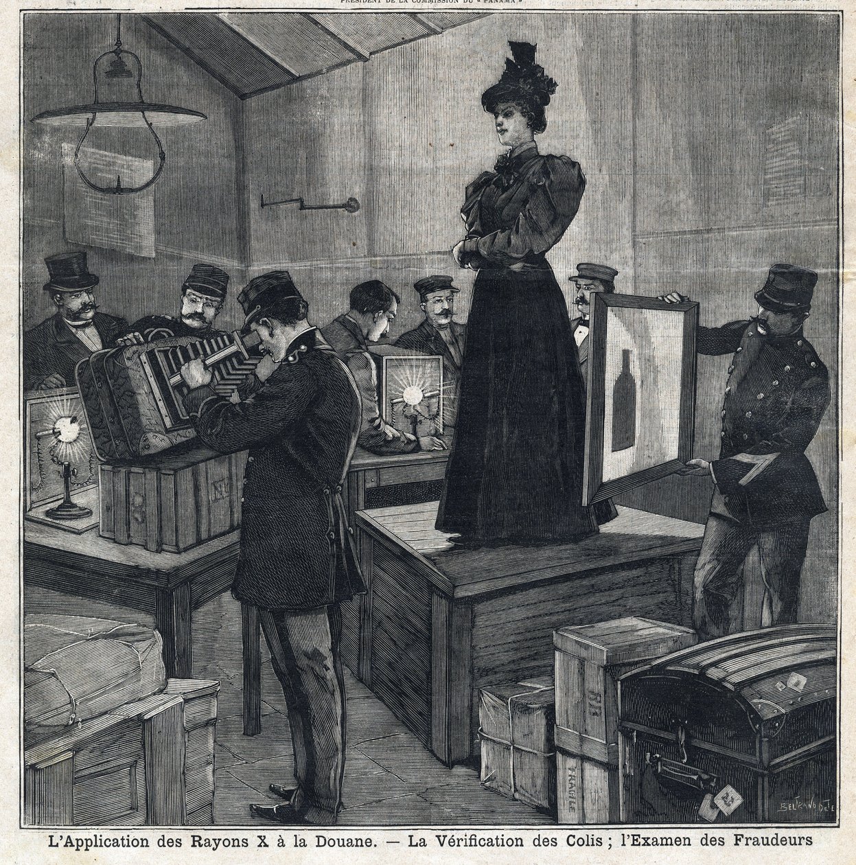 Anvendelsen av røntgenstråler (røntgenstråler) har skikker: verifisering av pakker og undersøkelse av svindlere. I "" Le Peute Parisien"" 11.07.1897. Privat samling av French School
