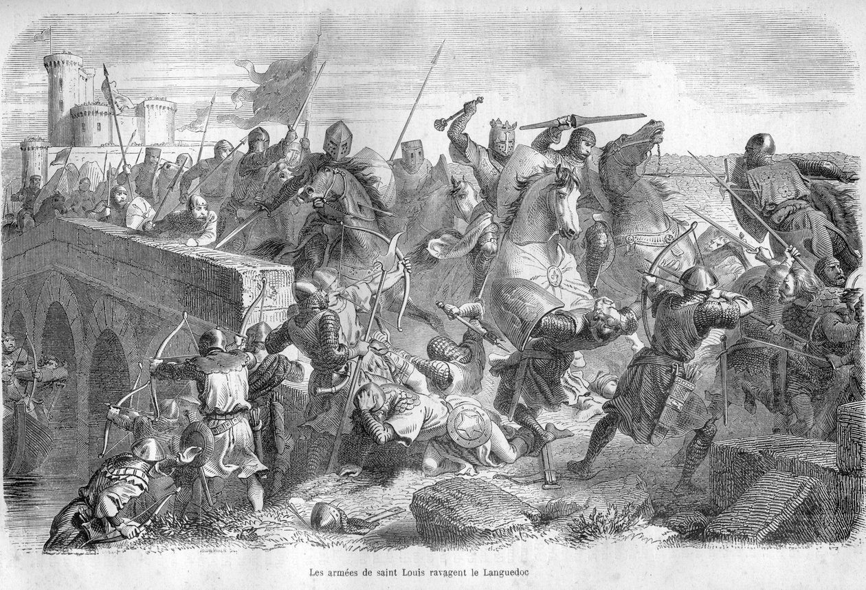 Armeene til Saint Louis raventer Languedoc på 1200-tallet - - Gravering i "Pavenes historie" (...) Dronningens konge og keiseres forbrytelser gjennom århundrene" av Maurice Lachatre av French School