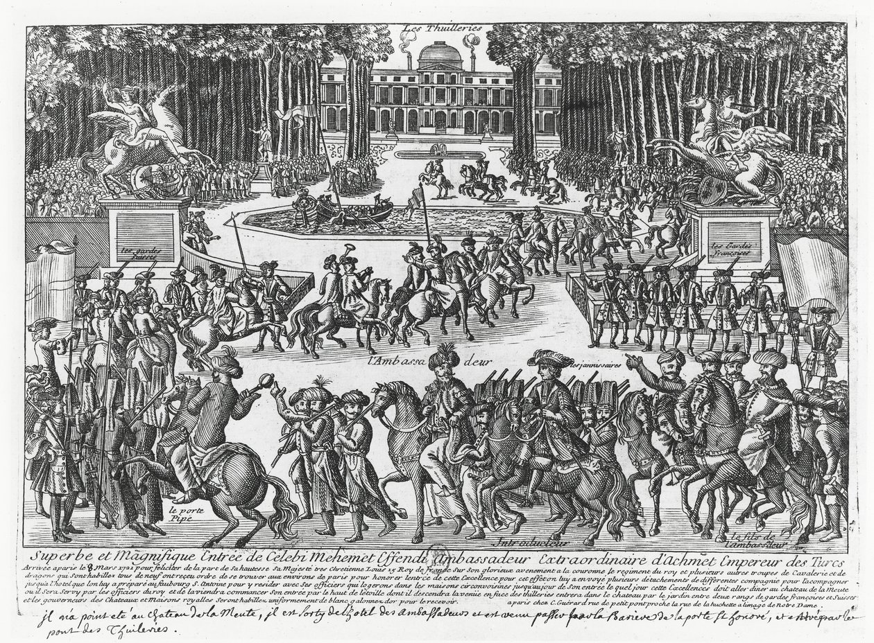Ankomsten av Mehmed Celebi Efendi, ambassadør for Sultan Ahmed III av Tyrkia, til Tuileriene for å bli mottatt av Louis XV i 1721 (gravering) av French School