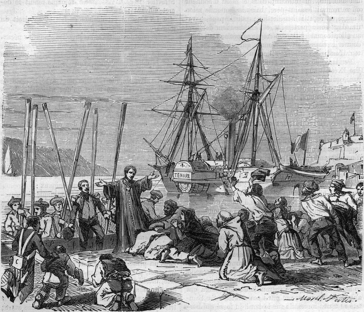 The arrival of Pope Pius IX (Pius IX or Pio IX), whose name was Giovanni Maria Mastai Ferretti (1792-1878) in Civita Vecchia (Civita-Vecchia) on the Tenare River. Engraving in “Histoire des Papes-Rois-Queen and Empereurs a travers les centuries”” by Mauric av French School